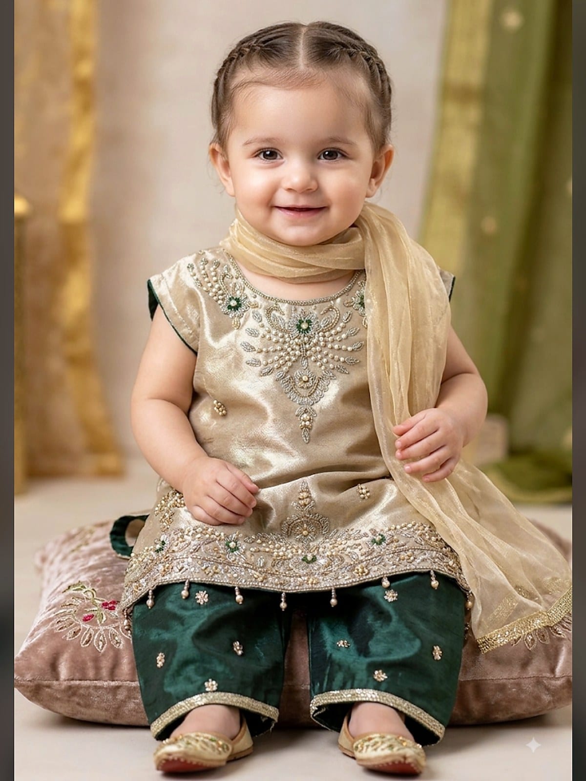 Champagne Masoori Silk Suit for Girls