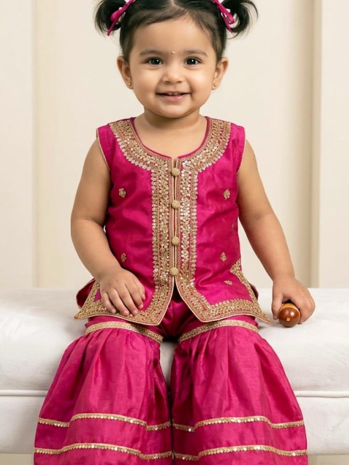 Fuchsia Shesha Silk Gharara Suit for Girls