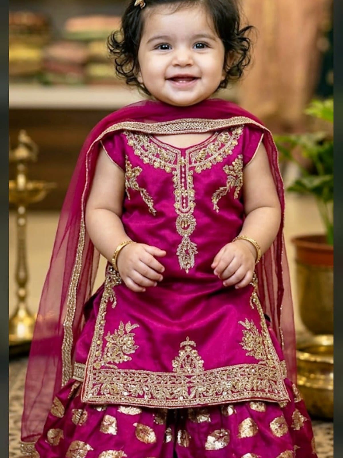 Magenta Shesha Silk Gharara Suit for Girls