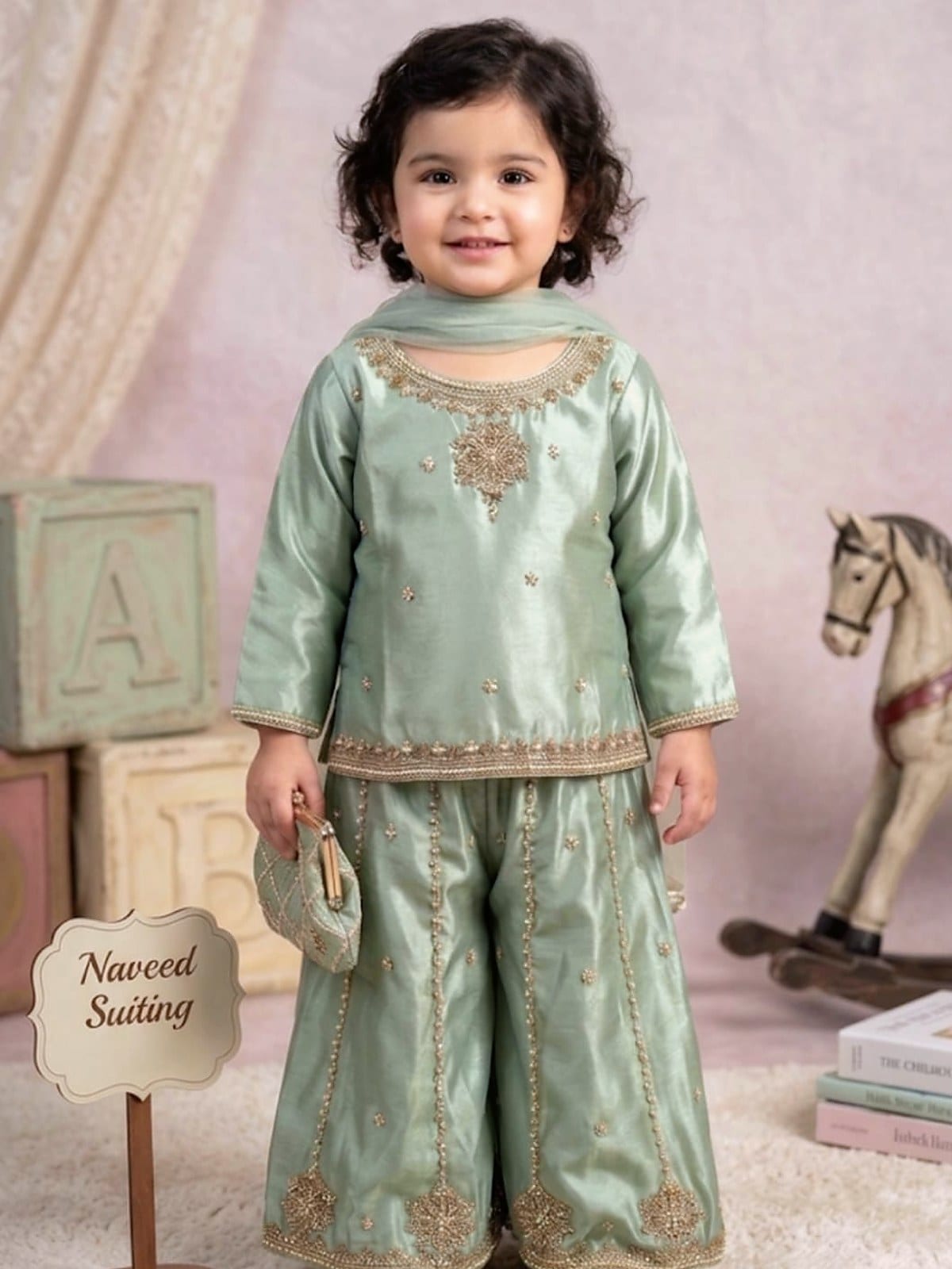 Mint Shesha Silk Gharara Suit for Girls