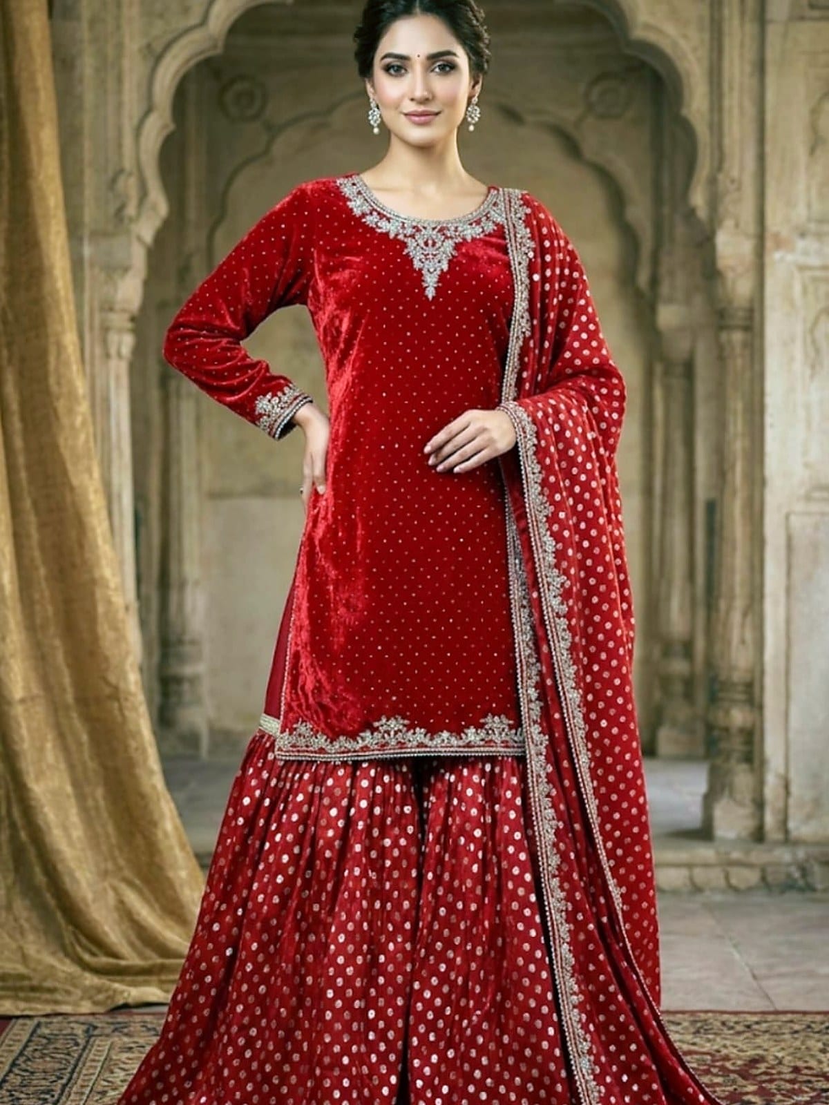 Red Shesha Silk Suit with Bindo Loraz Work